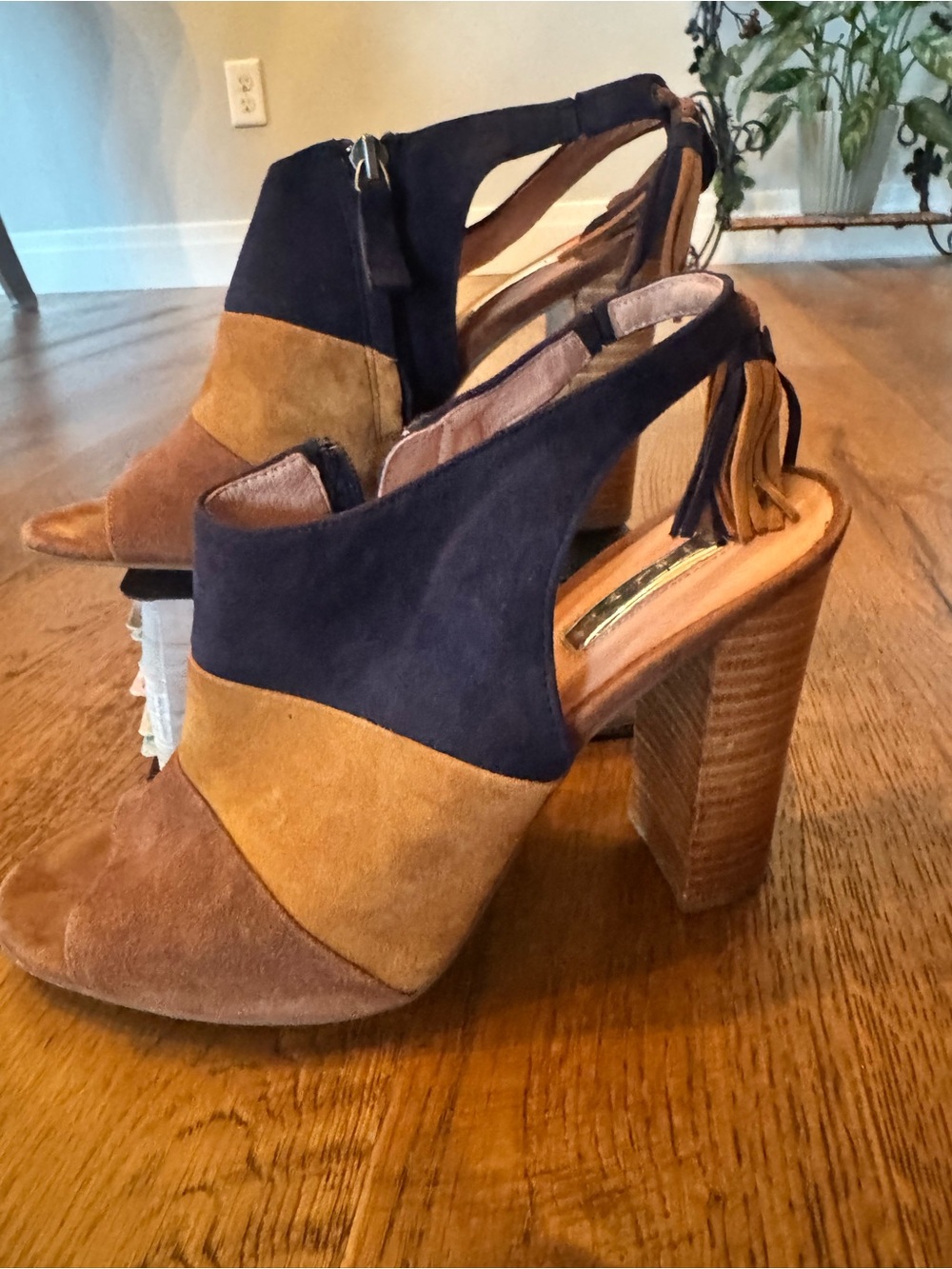 Halogen Navy and Tan Suede Colorblock Tassel Block Heels